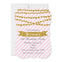 Roze en witte strepen met gouden harten uitnodigin