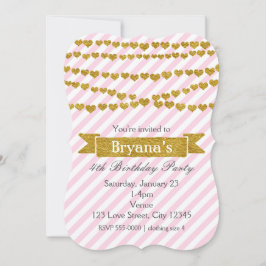 Roze en witte strepen met gouden harten uitnodigin kaart