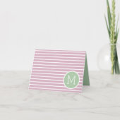 roze en witte strepen met groen monogram notitiekaartje (Voorkant)