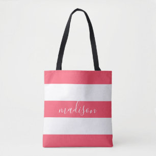 Roze en witte strepen met naam Typografie Tote Bag
