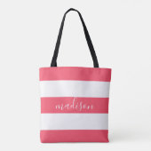 Roze en witte strepen met naam Typografie Tote Bag (Achterkant)