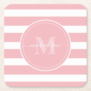 Roze en Witte Strepen Monogram Naam Kartonnen Onderzetters