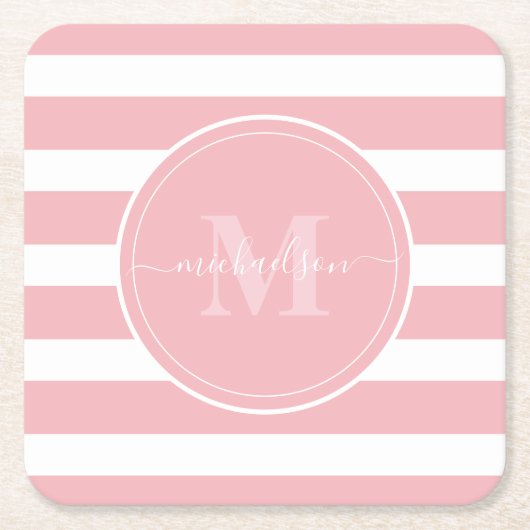 Roze en Witte Strepen Monogram Naam  Kartonnen Onderzetters (Voorkant)