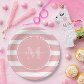 Roze en Witte Strepen Monogram Naam Papieren Bordje (Feest)