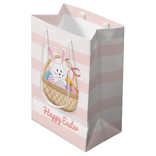 Roze en witte strepen paasbundel in mandje Kind Medium Cadeauzakje (Voorkant Gekanteld)