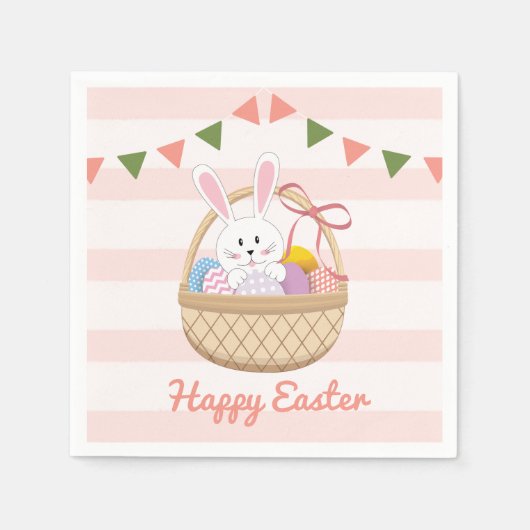 Roze en witte strepen paasbundel in mandje servet (Voorkant)