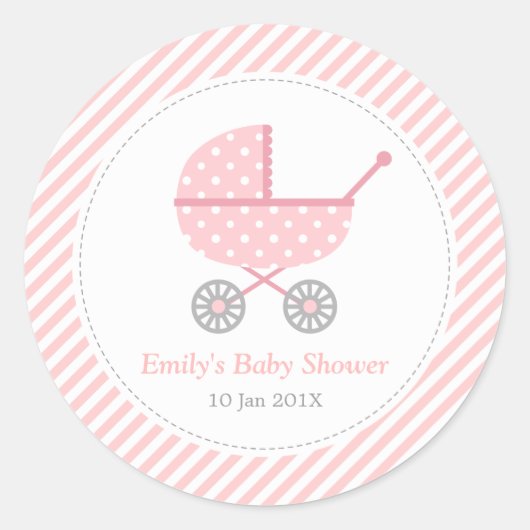 Roze en witte strepen, rolband, Babymeisje Ronde Sticker (Voorkant)