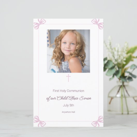 Roze en Witte strik Eerste Heilige Communie Menu (Staand voorkant)