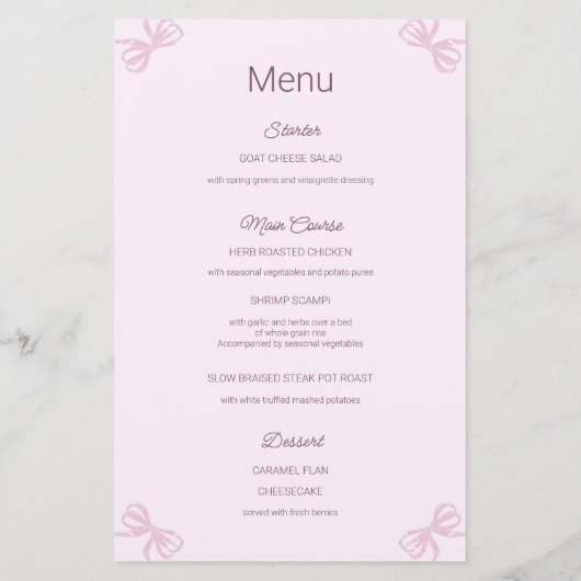 Roze en Witte strik Eerste Heilige Communie Menu (Achterkant)