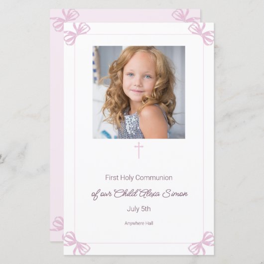 Roze en Witte strik Eerste Heilige Communie Menu (Voorkant / Achterkant)