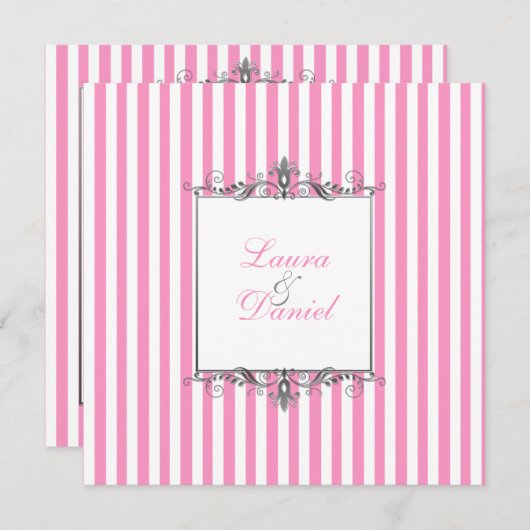Roze en Witte Stripe met Silver Scroll nodigt uit Kaart (Voorkant / Achterkant)