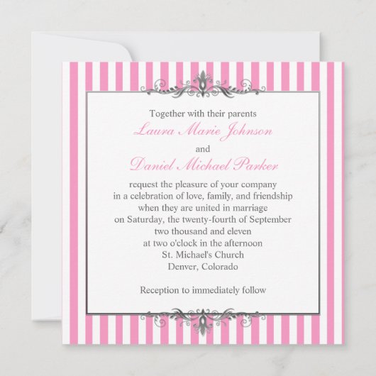 Roze en Witte Stripe met Silver Scroll nodigt uit Kaart (Achterkant)