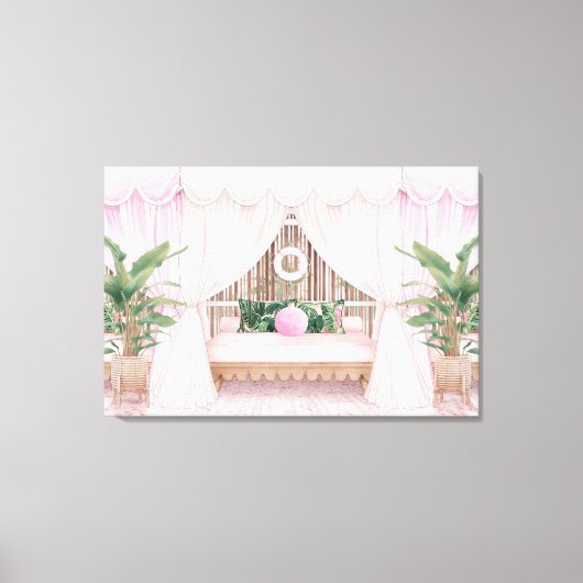 Roze en witte stripte Hotel Pool Cabana Canvas Afdruk (Voorkant)