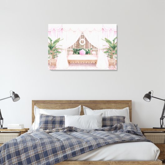 Roze en witte stripte Hotel Pool Cabana Canvas Afdruk (Insitu (Slaapkamer))
