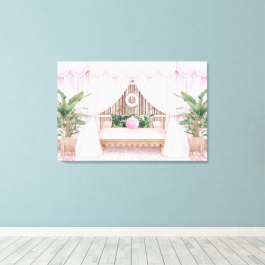 Roze en witte stripte Hotel Pool Cabana Canvas Afdruk (Insitu (Houten vloer))