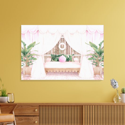 Roze en witte stripte Hotel Pool Cabana Canvas Afdruk (Insitu (Woonkamer))