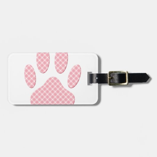 Roze en witte Tartan Dog Paw Print Bagagelabel (Voorkant horizontaal)
