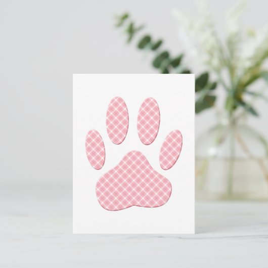 Roze en witte Tartan Dog Paw Print Briefkaart (Staand voorkant)