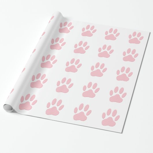 Roze en witte Tartan Dog Paw Print Cadeaupapier (Uitgerold)