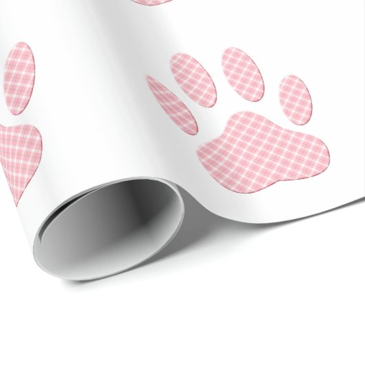 Roze en witte Tartan Dog Paw Print Cadeaupapier (Rol Hoek)