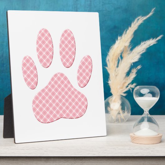 Roze en witte Tartan Dog Paw Print Fotoplaat (Zijkant)