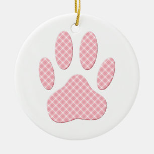Roze en witte Tartan Dog Paw Print Keramisch Ornament