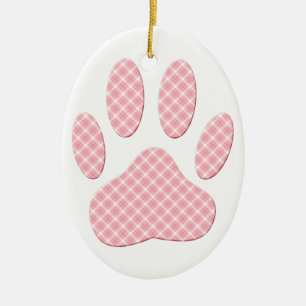 Roze en witte Tartan Dog Paw Print Keramisch Ornament