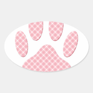 Roze en witte Tartan Dog Paw Print Ovale Sticker