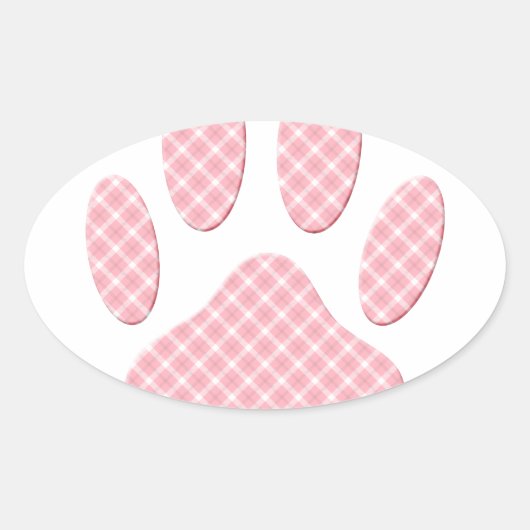 Roze en witte Tartan Dog Paw Print Ovale Sticker (Voorkant)