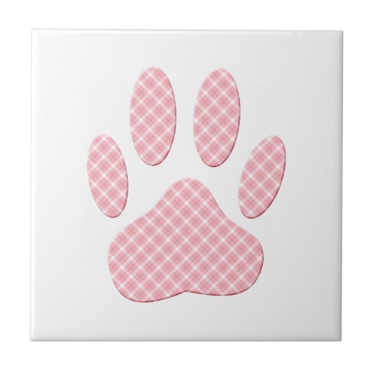 Roze en witte Tartan Dog Paw Print Tegeltje (Voorkant)