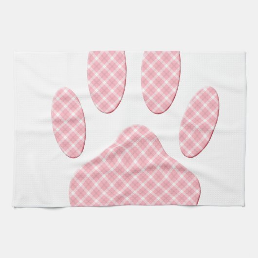 Roze en witte Tartan Dog Paw Print Theedoek (Horizontaal)