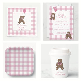Roze en witte teddybeer babyshower voor meisje kaart
