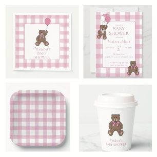 Roze en witte teddybeer babyshower voor meisje kaart