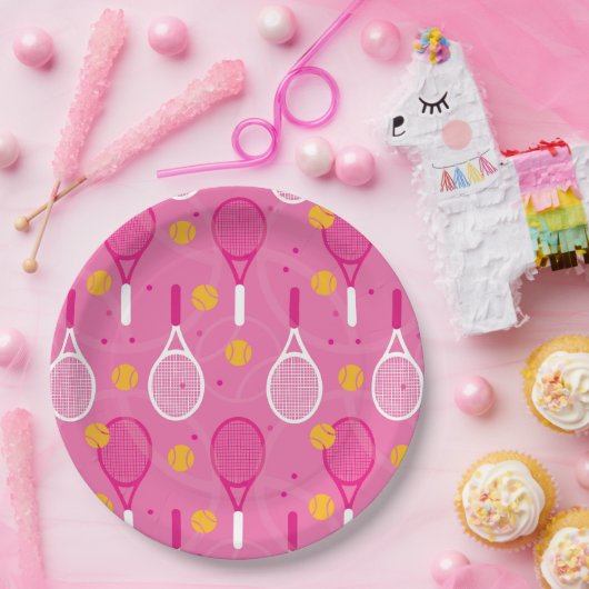 Roze en witte tennisracketpatroon  papieren bordje (Feest)