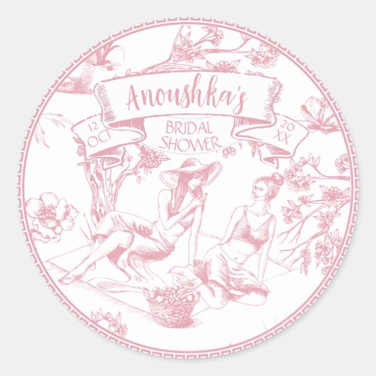 Roze en witte Toile de Jouy Vrijgezellenfeest Ronde Sticker (Voorkant)