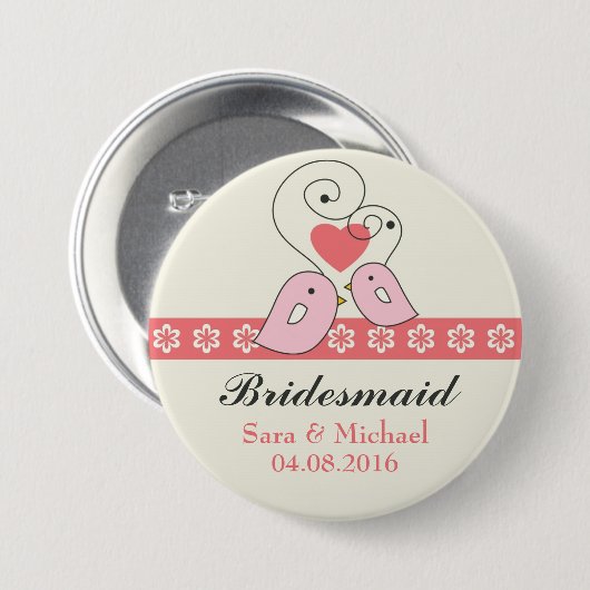Roze en witte Tortelduifjes Bridesmaïde Button (Voorkant /achterkant)
