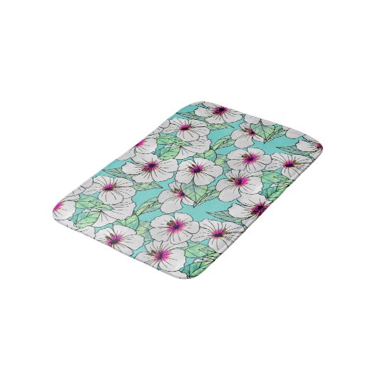 Roze en witte Tropische Hibiscus Floral Patroon Badmat (Gekanteld)