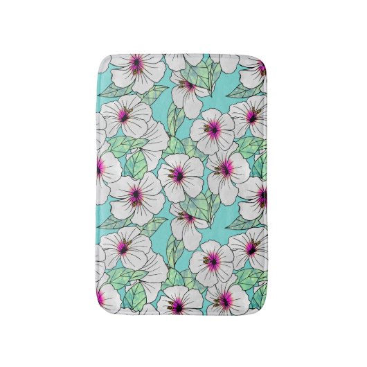 Roze en witte Tropische Hibiscus Floral Patroon Badmat (Voorkant Verticaal)