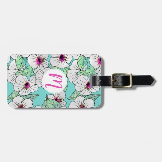 Roze en witte Tropische Hibiscus Floral Patroon Bagagelabel (Voorkant horizontaal)