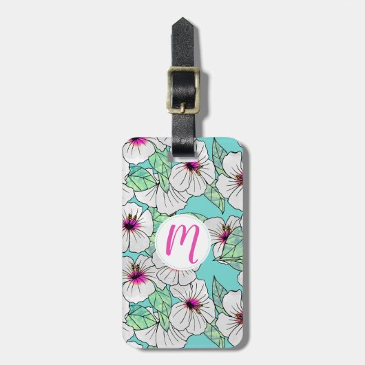 Roze en witte Tropische Hibiscus Floral Patroon Bagagelabel (Voorkant verticaal)