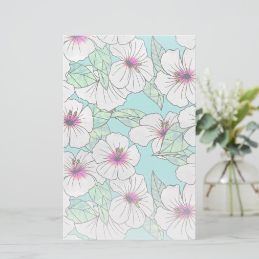 Roze en witte Tropische Hibiscus Floral Patroon Briefpapier (Staand voorkant)