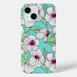 Roze en witte Tropische Hibiscus Floral Patroon iPhone 15 Case
