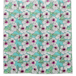 Roze en witte Tropische Hibiscus Floral Patroon Douchegordijn