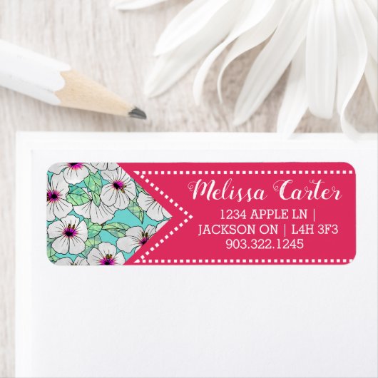 Roze en witte Tropische Hibiscus Floral Patroon Etiket (Insitu)