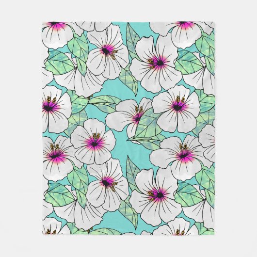 Roze en witte Tropische Hibiscus Floral Patroon Fleece Deken (Voorkant)
