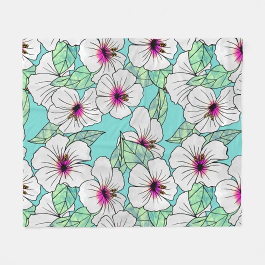 Roze en witte Tropische Hibiscus Floral Patroon Fleece Deken (Voorkant (Horizontaal))