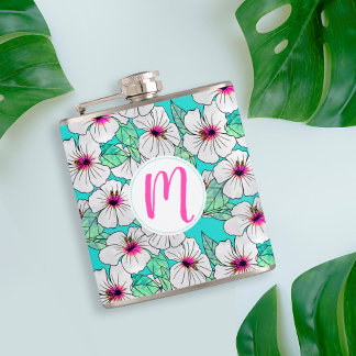Roze en witte Tropische Hibiscus Floral Patroon Heupfles