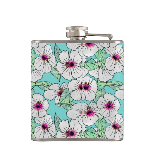 Roze en witte Tropische Hibiscus Floral Patroon Heupfles (Achterkant)