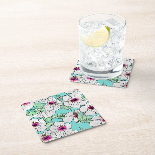 Roze en witte Tropische Hibiscus Floral Patroon Kartonnen Onderzetters (Insitu)