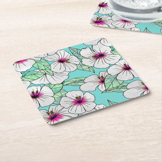 Roze en witte Tropische Hibiscus Floral Patroon Kartonnen Onderzetters (Schuin)